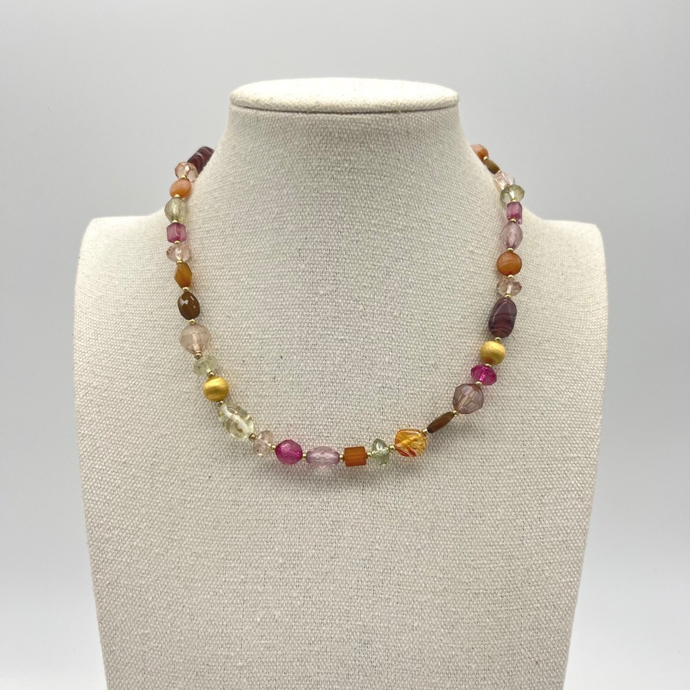 Vintage Colorful Beaded Necklace Gold Accent‎ Beads Adjustable Chain Bohemian